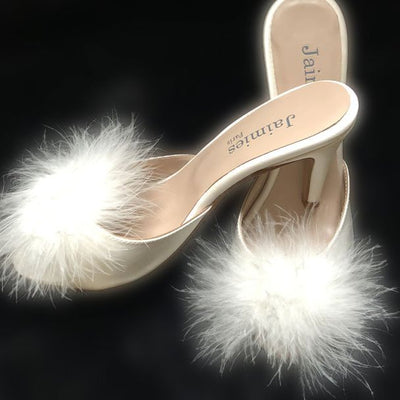 Jaimies Paris Heel Slippers Glamour Ivory Plume-Socks & Slippers-Jaimies Paris-Ivory-Medium-Anna Bella Fine Lingerie, Reveal Your Most Gorgeous Self!