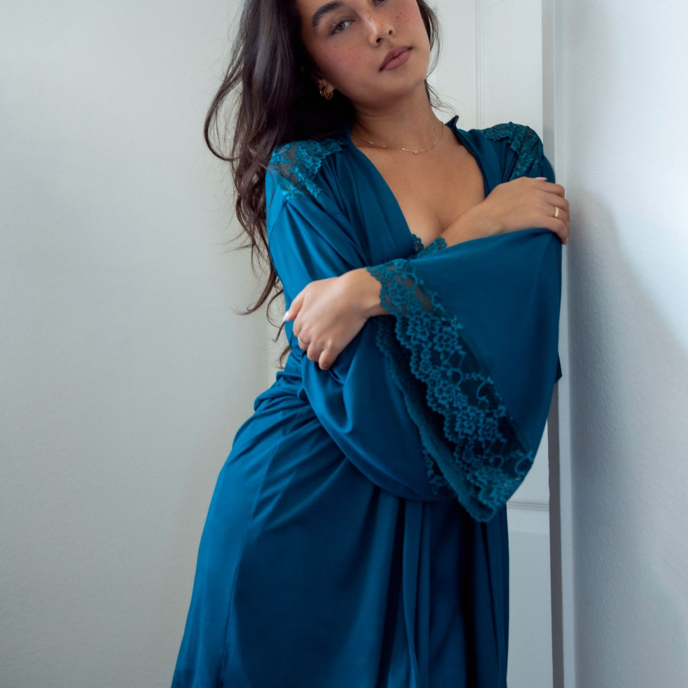 Jonquil Aegean Sea Wrap AGS030 in Deep Teal-Robes-Jonquil in Bloom-Deep Teal-XSmall/Small-Anna Bella Fine Lingerie, Reveal Your Most Gorgeous Self!