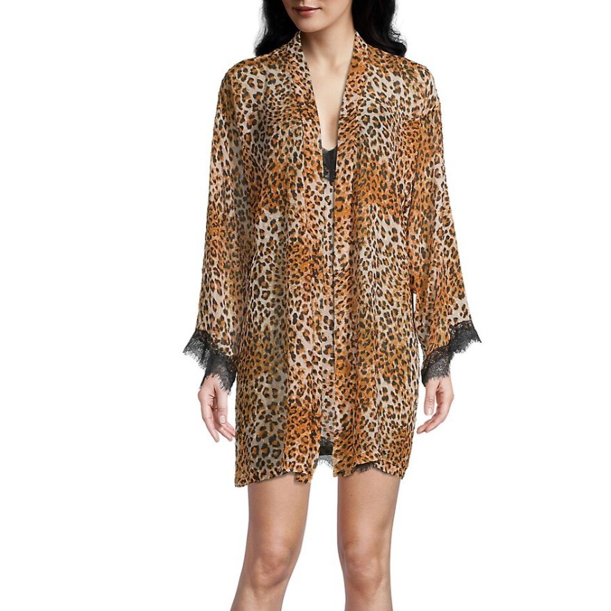 Jonquil Angela Wrap in Leopard AGA130-Anna Bella Fine Lingerie-In Bloom's Angela robe flaunts an eye-catching leopard print trimmed with contrasting romantic lace on the cuffs. Shawl collar Long sleeves Self-tie waist 98% polyester/2% lurex Lace: 100% nylon Machine wash Imported