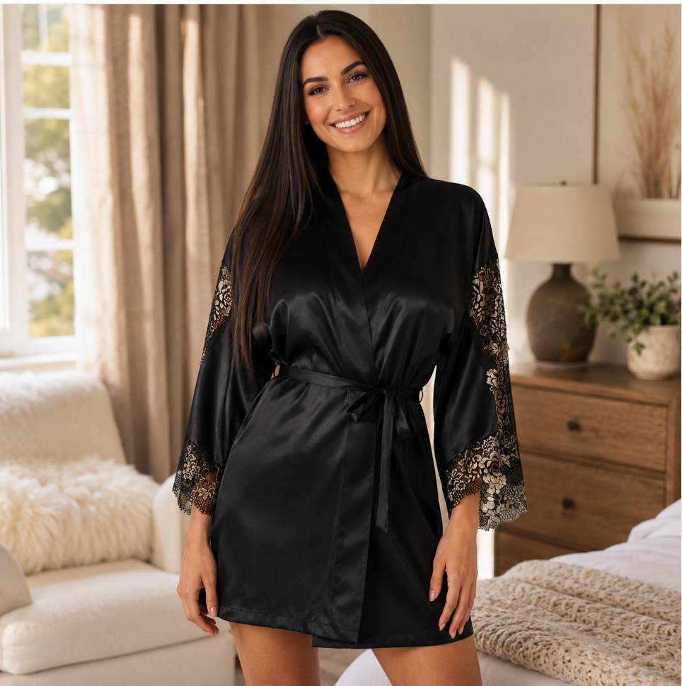 Jonquil Aviva Wrap in Black/Gold AVV030-Robes-Jonquil in Bloom-Black/Gold-XSmall/Small-Anna Bella Fine Lingerie, Reveal Your Most Gorgeous Self!