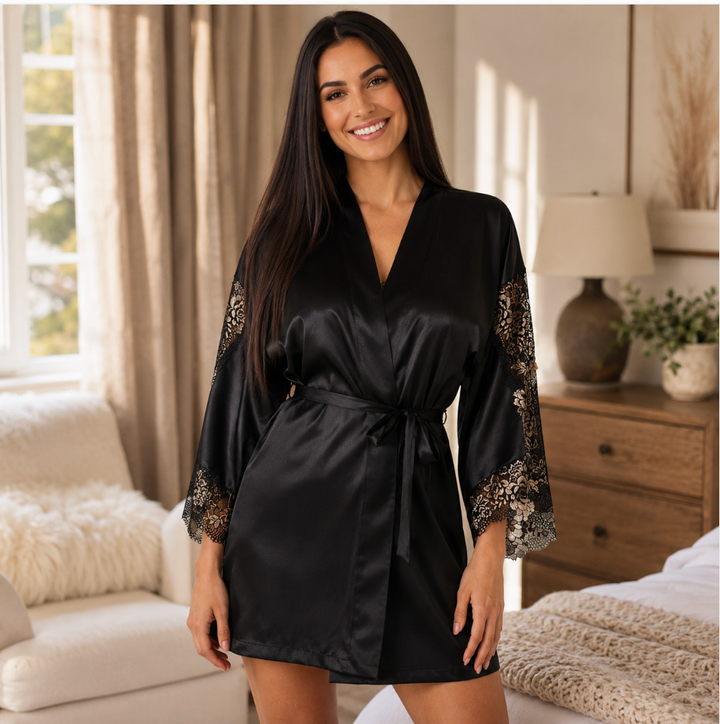 Jonquil Aviva Wrap in Black/Gold AVV030-Robes-Jonquil in Bloom-Black/Gold-XSmall/Small-Anna Bella Fine Lingerie, Reveal Your Most Gorgeous Self!