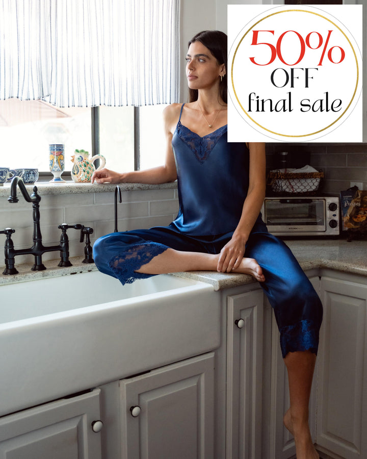 Jonquil Love Story Cami Pant Set LVS045-Loungewear-Jonquil in Bloom-Navy-XSmall-Anna Bella Fine Lingerie, Reveal Your Most Gorgeous Self!
