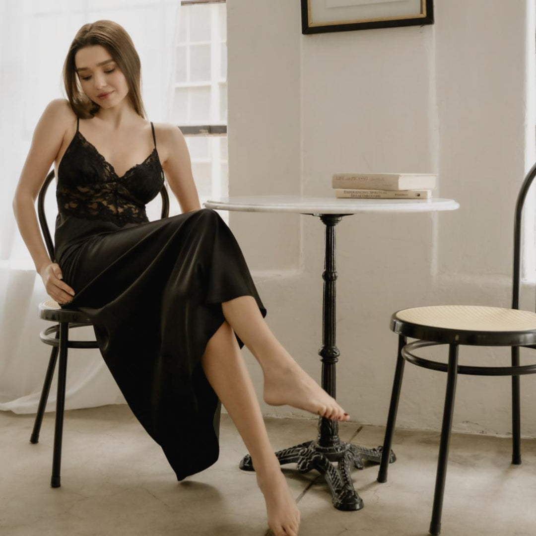 Jonquil Rosalie Gown RSQ020 in Black-Loungewear-Jonquil in Bloom-Black-Small-Anna Bella Fine Lingerie, Reveal Your Most Gorgeous Self!