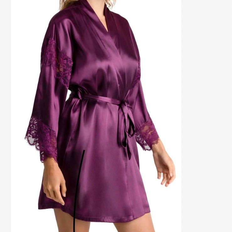 Jonquil Wrap with lace inserts Plum GNE030-Robes-Jonquil in Bloom-Plum-XSmall/Small-Anna Bella Fine Lingerie, Reveal Your Most Gorgeous Self!
