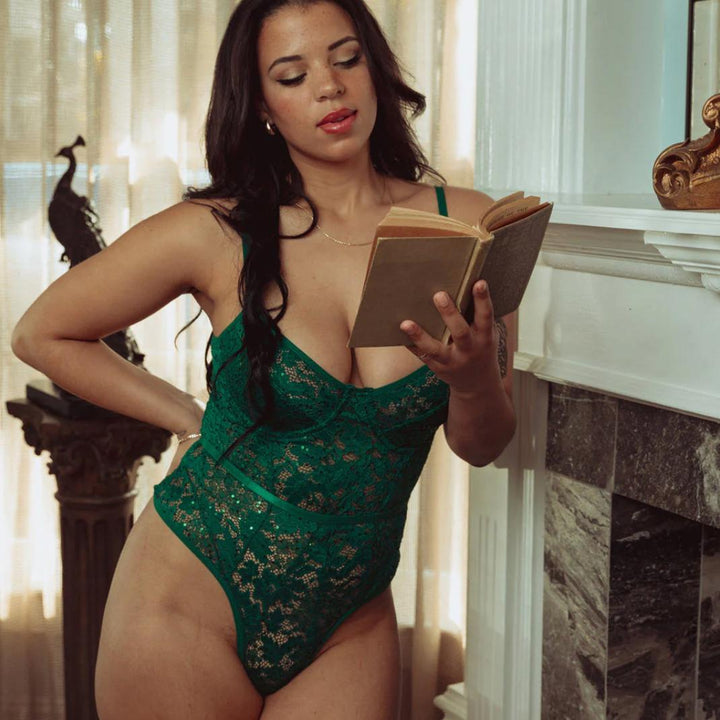 Kilo Brava Bodysuit in Emerald Sequin Bodysuit 13103-Bodysuit-Kilo Brava-Emerald-Small-Anna Bella Fine Lingerie, Reveal Your Most Gorgeous Self!