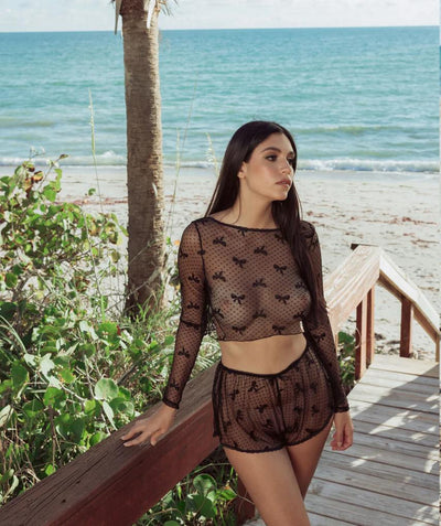 Kilo Brava Bow Mesh Crop Top 11227-Seduction-Kilo Brava-Black-Small-Anna Bella Fine Lingerie, Reveal Your Most Gorgeous Self!
