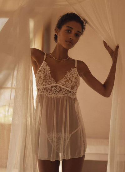 Kilo Brava Embrodiery Babydoll in White 16137-Loungewear-Kilo Brava-White-Small-Anna Bella Fine Lingerie, Reveal Your Most Gorgeous Self!