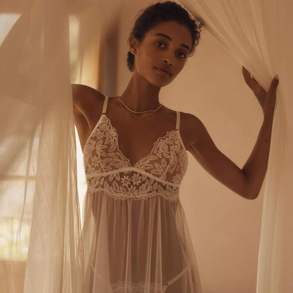 Kilo Brava Embrodiery Babydoll in White 16137-Loungewear-Kilo Brava-White-Small-Anna Bella Fine Lingerie, Reveal Your Most Gorgeous Self!