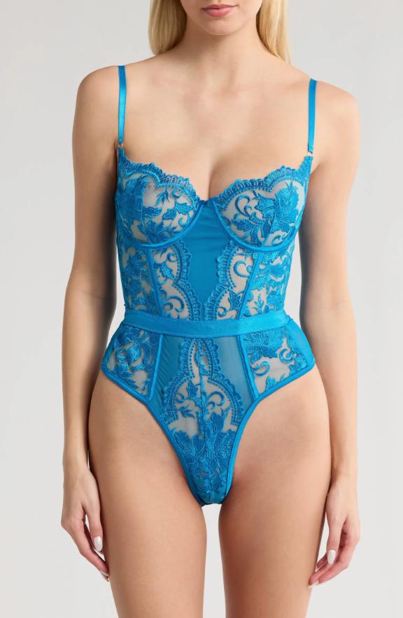 Kilo Brava Embrodiery Bodysuit in Hawaiian Blue 13128-Bodysuit-Kilo Brava-Hawaiian Blue-Small-Anna Bella Fine Lingerie, Reveal Your Most Gorgeous Self!