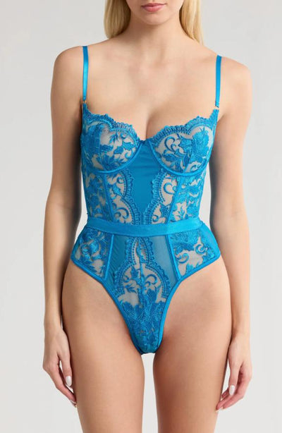 Kilo Brava Embrodiery Bodysuit in Hawaiian Blue 13128-Anna Bella Fine Lingerie-Hawaiian Blue-Small-
