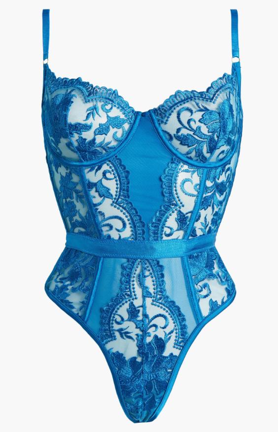 Kilo Brava Embrodiery Bodysuit in Hawaiian Blue 13128-Bodysuit-Kilo Brava-Hawaiian Blue-Small-Anna Bella Fine Lingerie, Reveal Your Most Gorgeous Self!