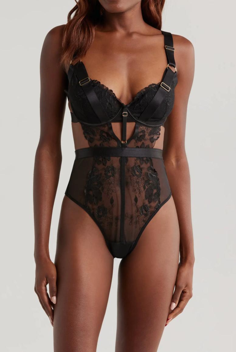 Kilo Brava Embroidery Bodysuit in Black 13105-Bodysuit-Kilo Brava-Black-Small-Anna Bella Fine Lingerie, Reveal Your Most Gorgeous Self!