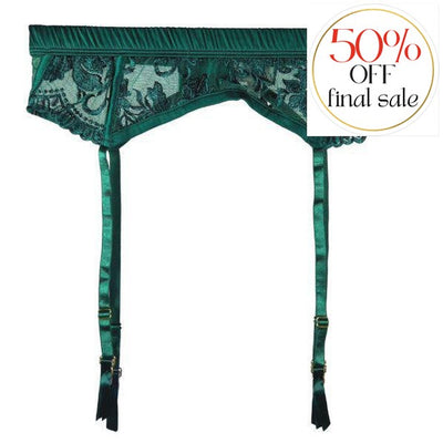 Kilo Brava Emerald Embroidery Garder Belt 12079-Anna Bella Fine Lingerie-The Garter Belt is a must have for your set! It features embroidery panel details, boning, adjustable straps, and an adjustable hook & eye closure. Shirred satin waistband with comfortable wide elastic inside. Made with exclusive, bold floral embroidery in a stunning emerald hue woven on sheer mesh.