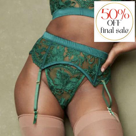 Kilo Brava Emerald Embroidery Garder Belt 12079-Anna Bella Fine Lingerie-The Garter Belt is a must have for your set! It features embroidery panel details, boning, adjustable straps, and an adjustable hook & eye closure. Shirred satin waistband with comfortable wide elastic inside. Made with exclusive, bold floral embroidery in a stunning emerald hue woven on sheer mesh.