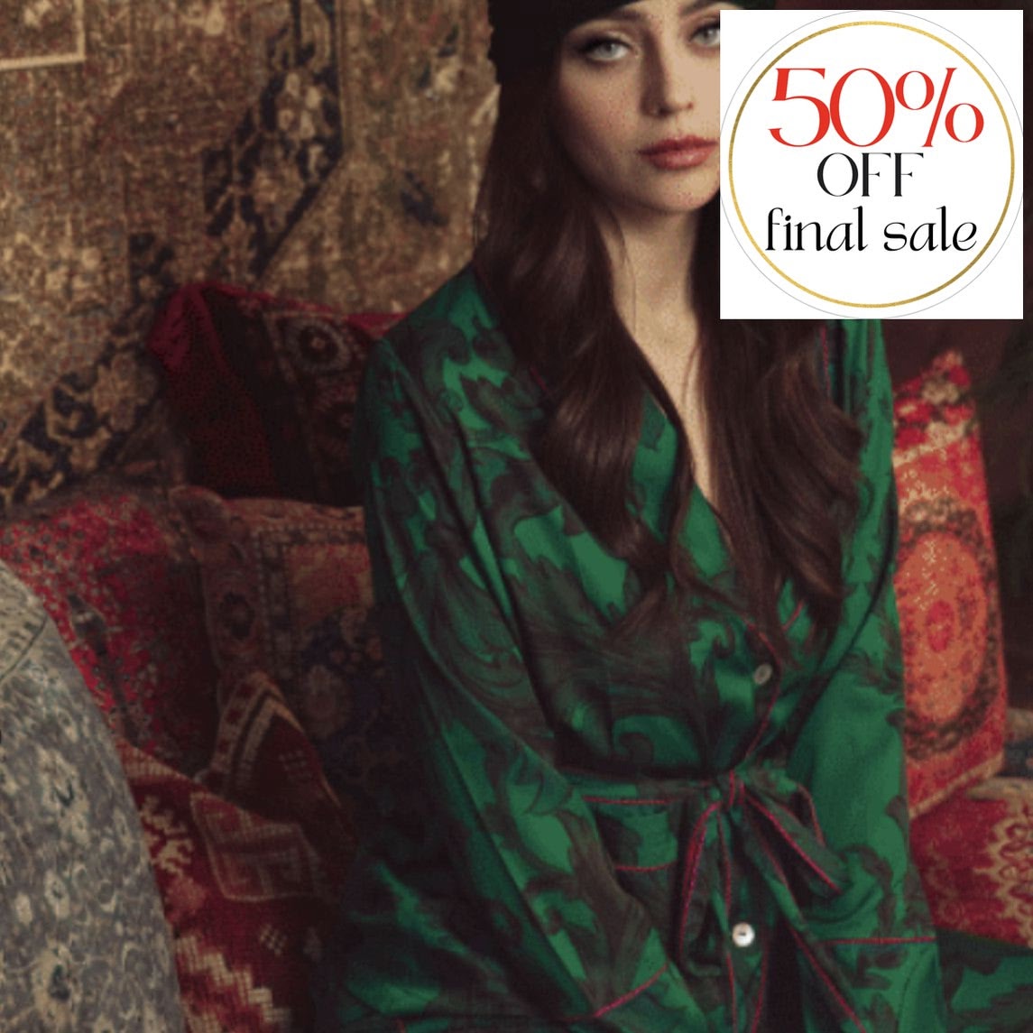 Kilo Brava Long Pajama Set 14105-Loungewear-Kilo Brava-Emerald Damask-Small-Anna Bella Fine Lingerie, Reveal Your Most Gorgeous Self!