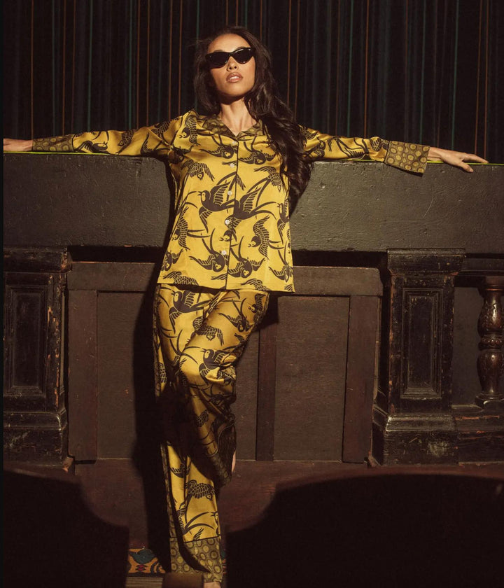 Kilo Brava Satin Collection Long PJ Set 14203-Loungewear-Kilo Brava-Goldfinch-Small-Anna Bella Fine Lingerie, Reveal Your Most Gorgeous Self!