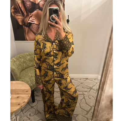 Kilo Brava Satin Collection Long PJ Set 14203-Loungewear-Kilo Brava-Goldfinch-Small-Anna Bella Fine Lingerie, Reveal Your Most Gorgeous Self!