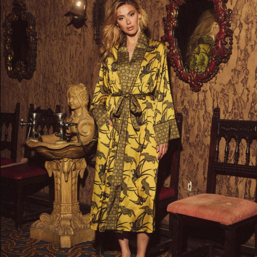 Kilo Brava Satin Collection Maxi Robe 17101-Loungewear-Kilo Brava-Goldfinch-Small-Anna Bella Fine Lingerie, Reveal Your Most Gorgeous Self!