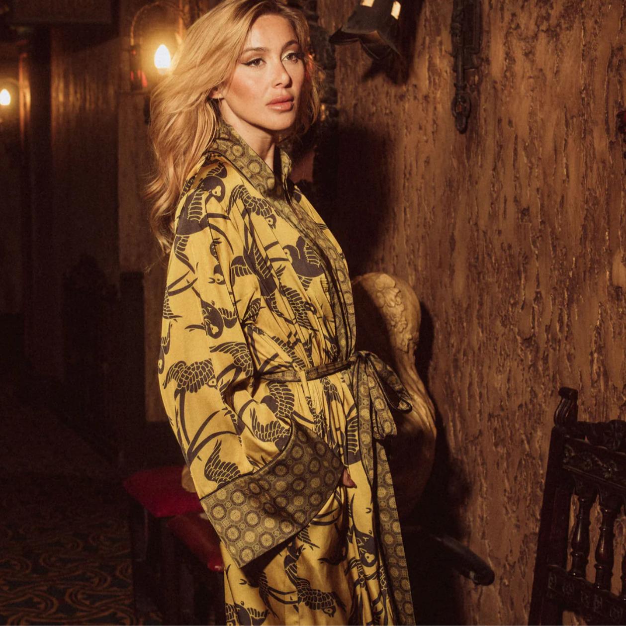 Kilo Brava Satin Collection Maxi Robe 17101-Loungewear-Kilo Brava-Goldfinch-Small-Anna Bella Fine Lingerie, Reveal Your Most Gorgeous Self!