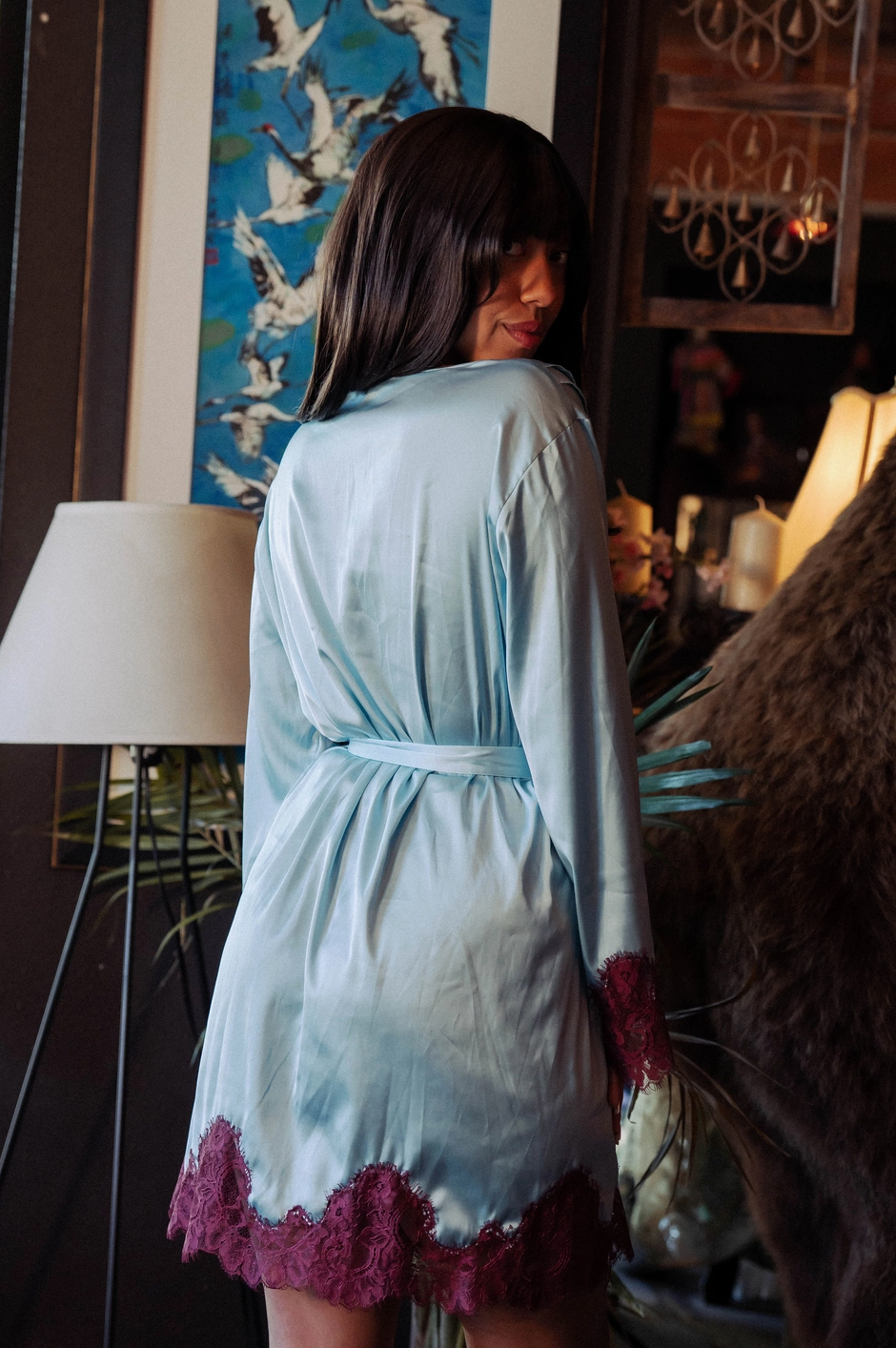 Kilo Brava Satin &amp; Eyelash Lace Robe in Icy Blue 17122