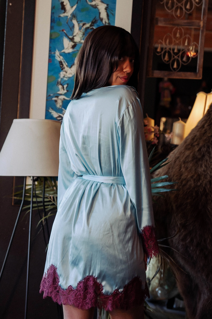 Kilo Brava Satin &amp; Eyelash Lace Robe in Icy Blue 17122