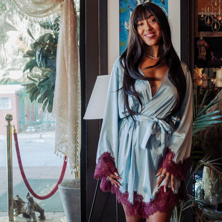 Kilo Brava Satin &amp; Eyelash Lace Robe in Icy Blue 17122
