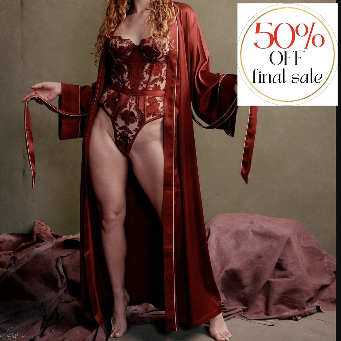 Kilo Brava Satin Maxi Robe Ruby Wine/ Almond 17023-Robes-Kilo Brava-Ruby Wine/Almond-Small-Anna Bella Fine Lingerie, Reveal Your Most Gorgeous Self!
