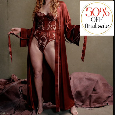 Kilo Brava Satin Maxi Robe Ruby Wine/ Almond 17023-Robes-Kilo Brava-Ruby Wine/Almond-Small-Anna Bella Fine Lingerie, Reveal Your Most Gorgeous Self!