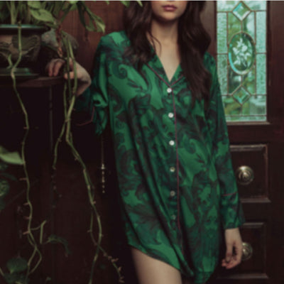 “Kilo Brava Sleep Shirt 14106-Anna Bella Fine Lingerie-Emerald Damask-Small-