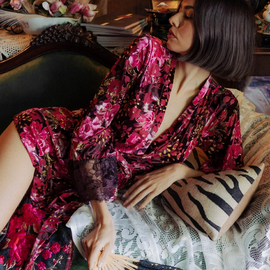 Kilo Brava Tapestry Velvet Burnout Robe 17120-Robes-Kilo Brava-Tapestry Floral-Small-Anna Bella Fine Lingerie, Reveal Your Most Gorgeous Self!