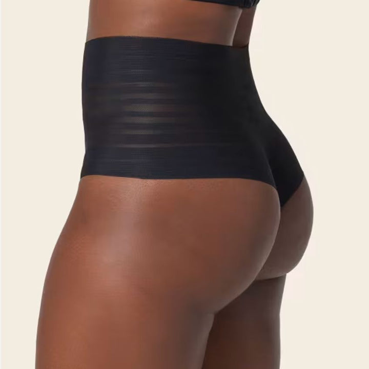 Leonisa Slimming Lace Stripe High-waisted Thong Panty 012890-Shapewear-Leonisa-Black-Small-Anna Bella Fine Lingerie, Reveal Your Most Gorgeous Self!