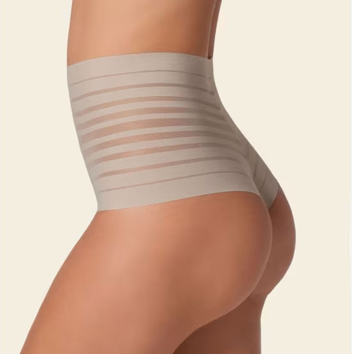 Leonisa Slimming Lace Stripe High-waisted Thong Panty 012890-Shapewear-Leonisa-Nude-Small-Anna Bella Fine Lingerie, Reveal Your Most Gorgeous Self!