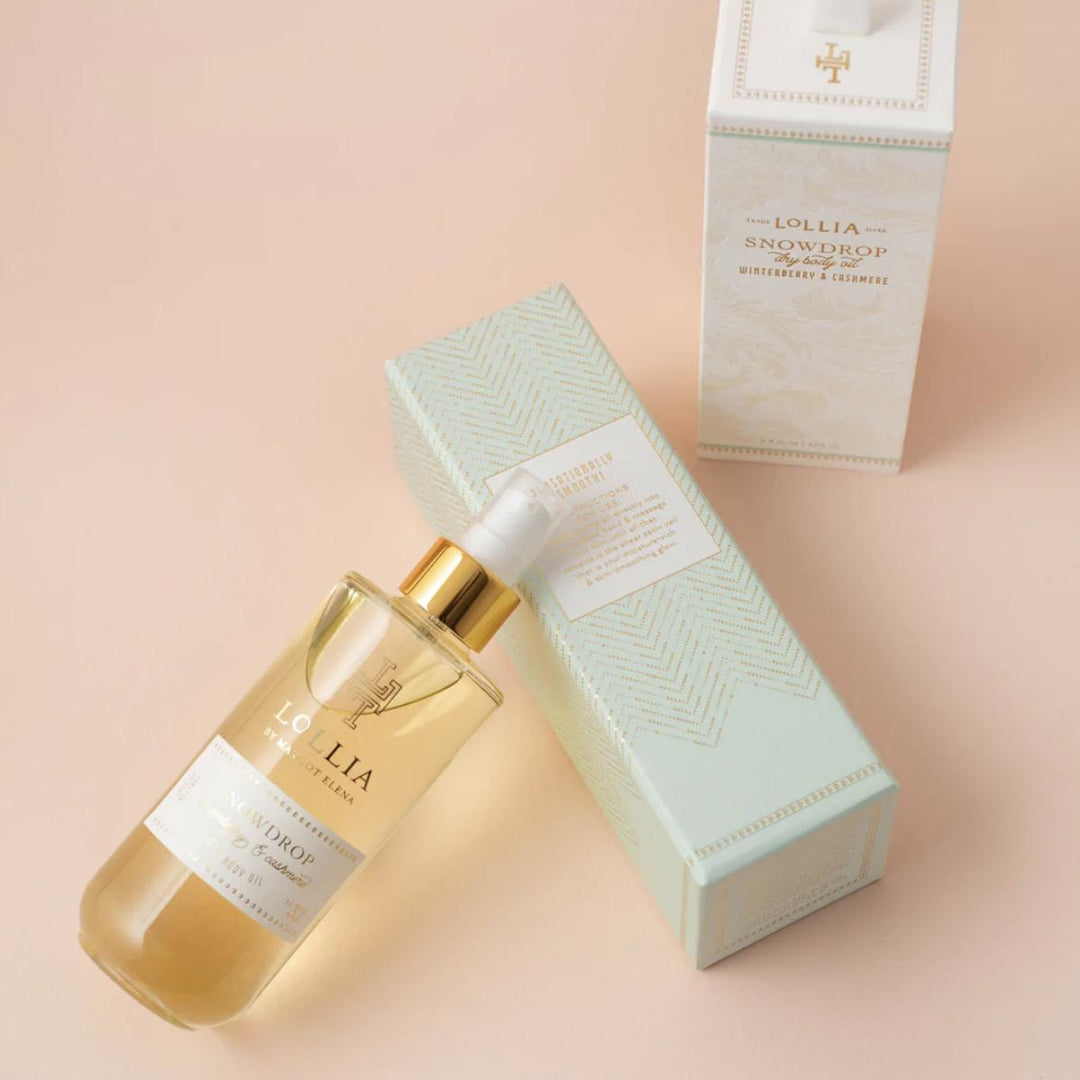 Lollia Snowdrop Winterberry & Cashmere Dry Body Oil 10OP-Scent-Margot Elena-Anna Bella Fine Lingerie, Reveal Your Most Gorgeous Self!