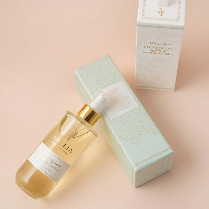 Lollia Snowdrop Winterberry &amp; Cashmere Dry Body Oil 10OP-Scent-Margot Elena-Anna Bella Fine Lingerie, Reveal Your Most Gorgeous Self!