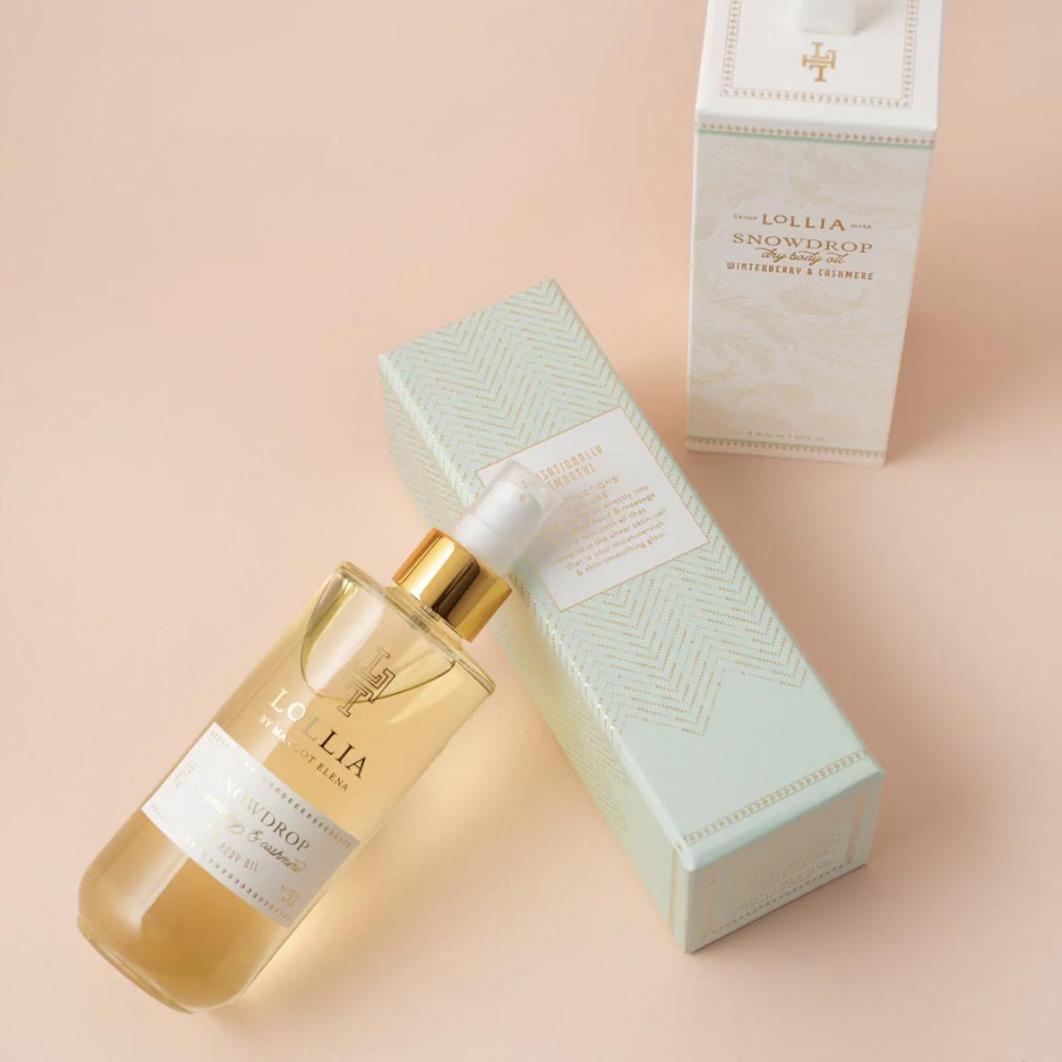 Lollia Snowdrop Winterberry & Cashmere Dry Body Oil 10OP-Scent-Margot Elena-Anna Bella Fine Lingerie, Reveal Your Most Gorgeous Self!