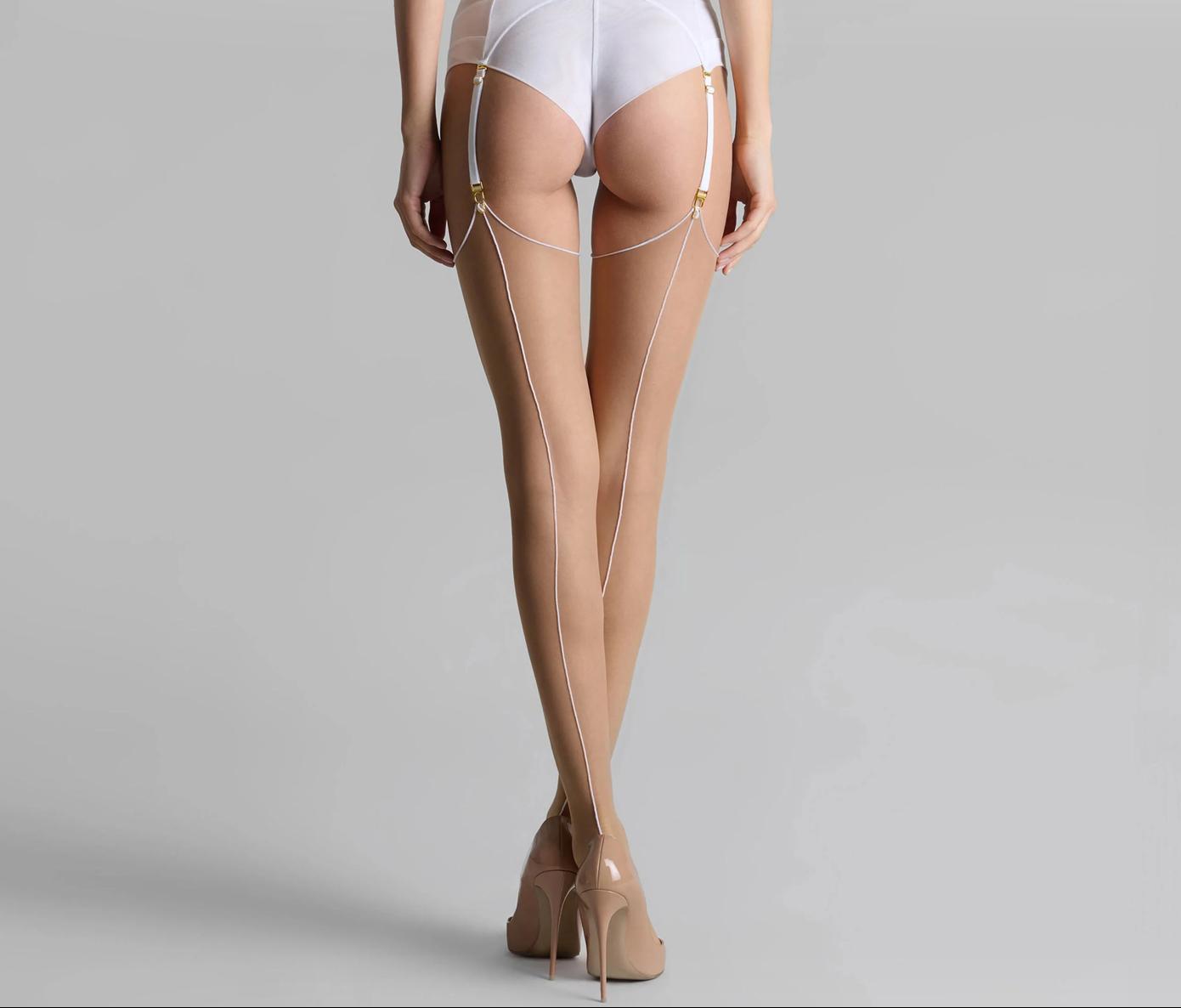 Maison Close Les Coquestteries Cut and Curl Back Seamed Stockings Nude with White Seam 561786-Hosiery-Maison Close-Nude w/ White Seam-1-Anna Bella Fine Lingerie, Reveal Your Most Gorgeous Self!