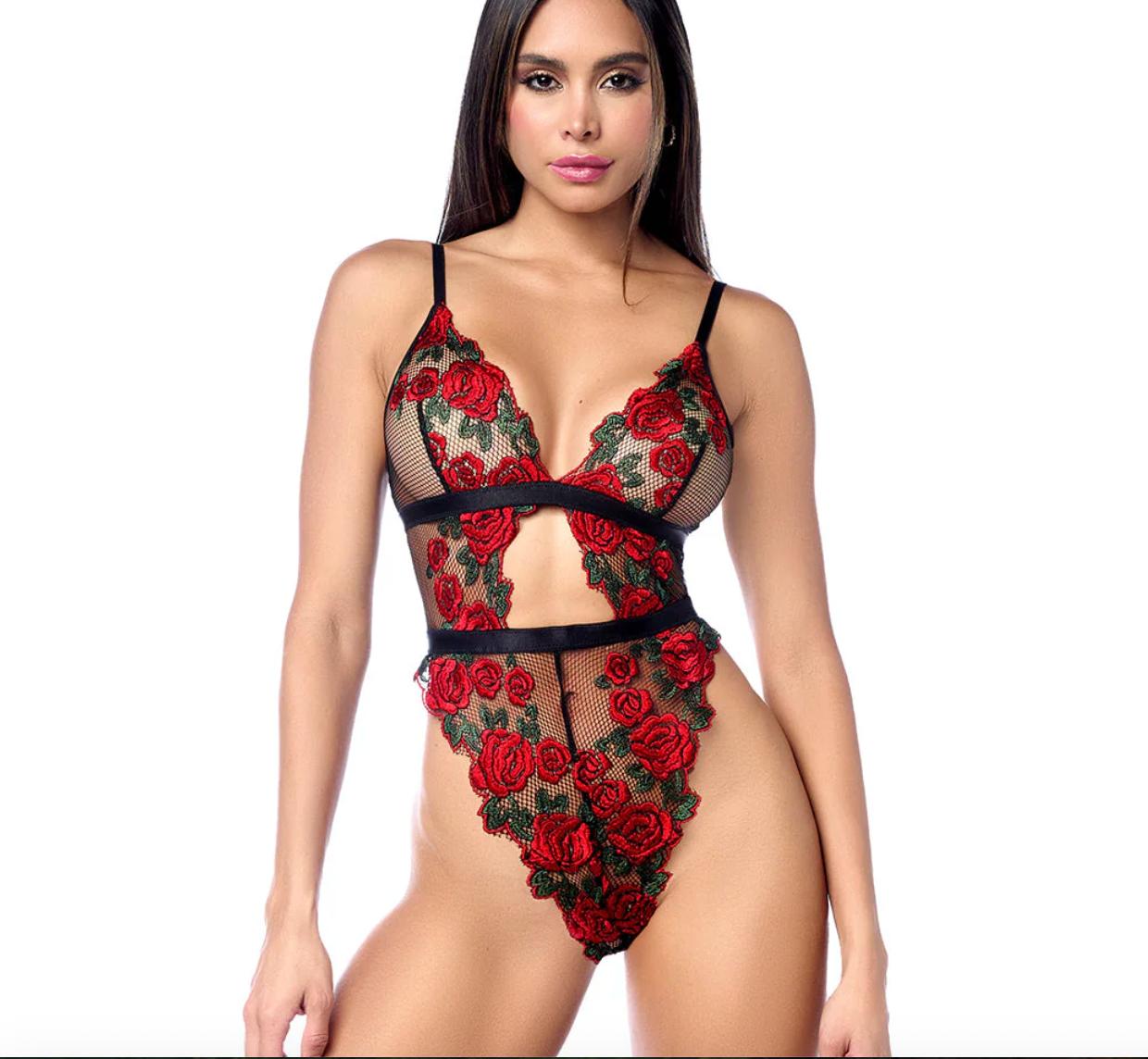 Mapale Lei En Rose Bodysuit 8961-Anna Bella Fine Lingerie-Black/Red-Small/Medium-