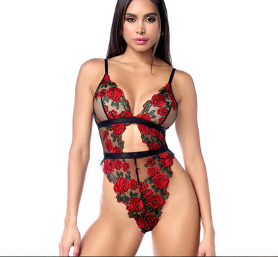 Mapale Lei En Rose Bodysuit 8961-Anna Bella Fine Lingerie-Black/Red-Small/Medium-