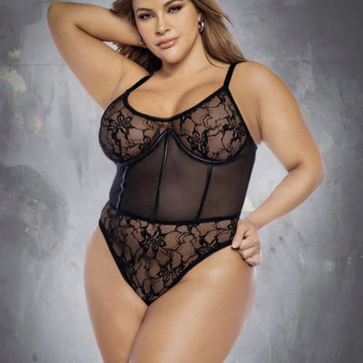 Mapale Sabrina Floral Sheer Bodysuit Plus Size 8800X-Anna Bella Fine Lingerie-Black-1XLarge/2XLarge-