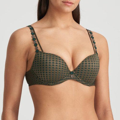 Marie Jo Avero Push-Up Bra in Tiny Jade 0200417-Anna Bella Fine Lingerie-Do you dream about having amazing cleavage? Then this push-up bra was made for you. This model has padded cups. The plunging neckline is lined with floral embroidery. Incredibly elegant! Tiny is a retro checked print in fresh nude hues. A playful nod to Vichy checks!