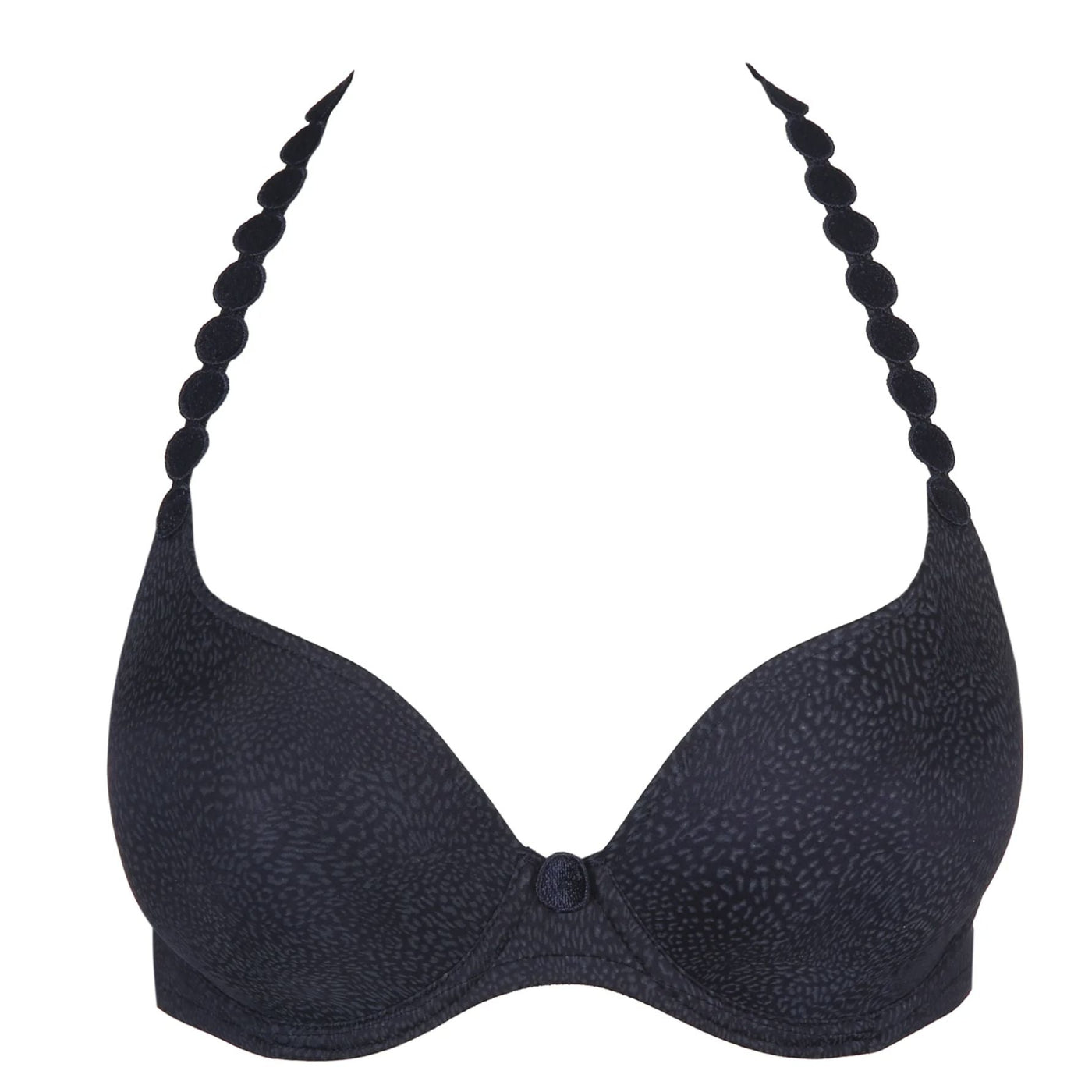 Marie Jo Tom Padded Heart Shape Bra in Magestic Blue 0120826-Anna Bella Fine Lingerie-A padded bra with heart-shaped cups. The cups offer excellent coverage at the top. The bra is cut high on the upper cups and then plunges into a deep neckline between the breasts. The sheer tulle on the back is cut straight. The straps can be worn over the shoulders or around the neck. Creates the perfect amount of lift and separation without the drama of a push-up bra. Marie Jo L'Aventure Tom is Marie Jo L'Aventure's undi