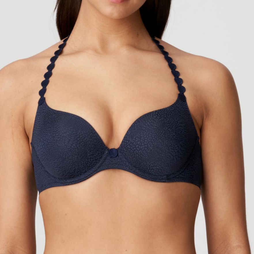 Marie Jo Tom Padded Heart Shape Bra in Magestic Blue 0120826-Anna Bella Fine Lingerie-A padded bra with heart-shaped cups. The cups offer excellent coverage at the top. The bra is cut high on the upper cups and then plunges into a deep neckline between the breasts. The sheer tulle on the back is cut straight. The straps can be worn over the shoulders or around the neck. Creates the perfect amount of lift and separation without the drama of a push-up bra. Marie Jo L'Aventure Tom is Marie Jo L'Aventure's undi