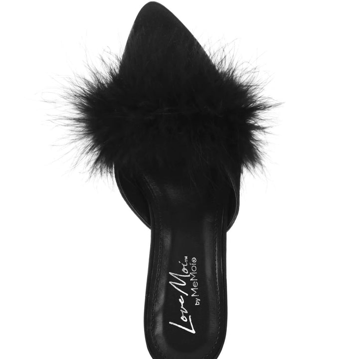 MeMoi Mona Marabou Slippers in Black LOV8500-Socks &amp; Slippers-MeMoi-Black-Small-Anna Bella Fine Lingerie, Reveal Your Most Gorgeous Self!