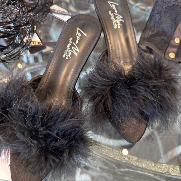 MeMoi Mona Marabou Slippers in Black LOV8500-Socks &amp; Slippers-MeMoi-Black-Small-Anna Bella Fine Lingerie, Reveal Your Most Gorgeous Self!