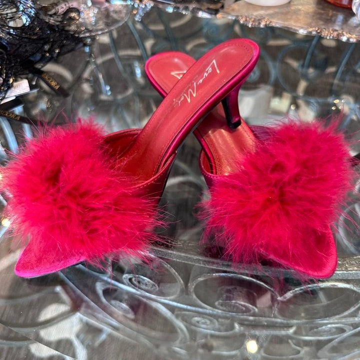 MeMoi Mona Marabou Slippers in Red LOV8500-Socks &amp; Slippers-MeMoi-Red-Small-Anna Bella Fine Lingerie, Reveal Your Most Gorgeous Self!