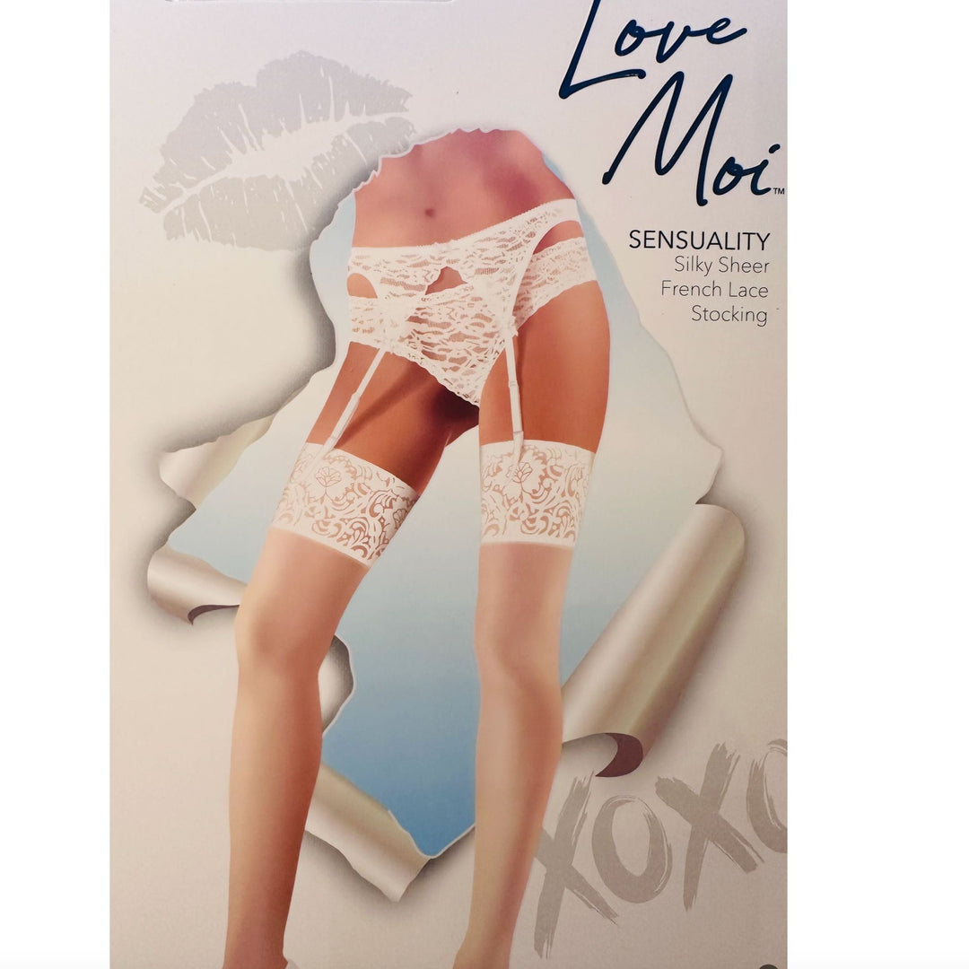 MeMoi Sensuality Silky Sheer French Lace Stocking in Bianco EXS05272-Hosiery-MeMoi-Bianco (White)-Small-Anna Bella Fine Lingerie, Reveal Your Most Gorgeous Self!