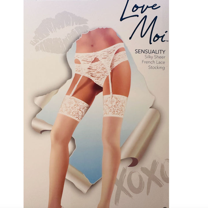 MeMoi Sensuality Silky Sheer French Lace Stocking in Bianco EXS05272-Hosiery-MeMoi-Bianco (White)-Small-Anna Bella Fine Lingerie, Reveal Your Most Gorgeous Self!