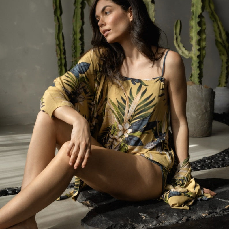 Midnight Bakery Aloha Print Short Set AHA140-Loungewear-Midnight Bakery-Tropic Belle Yellow-XSmall-Anna Bella Fine Lingerie, Reveal Your Most Gorgeous Self!