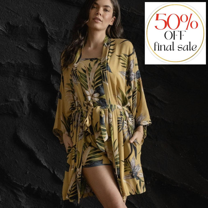 Midnight Bakery Aloha Print Wrapper AHA130-Robes-Midnight Bakery-Tropic Belle Yellow-XSmall/Small-Anna Bella Fine Lingerie, Reveal Your Most Gorgeous Self!