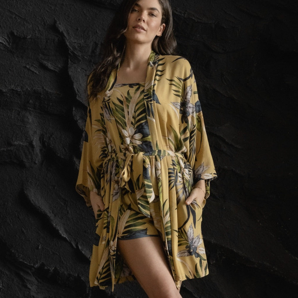 Midnight Bakery Aloha Print Wrapper AHA130-Robes-Midnight Bakery-Tropic Belle Yellow-XSmall/Small-Anna Bella Fine Lingerie, Reveal Your Most Gorgeous Self!